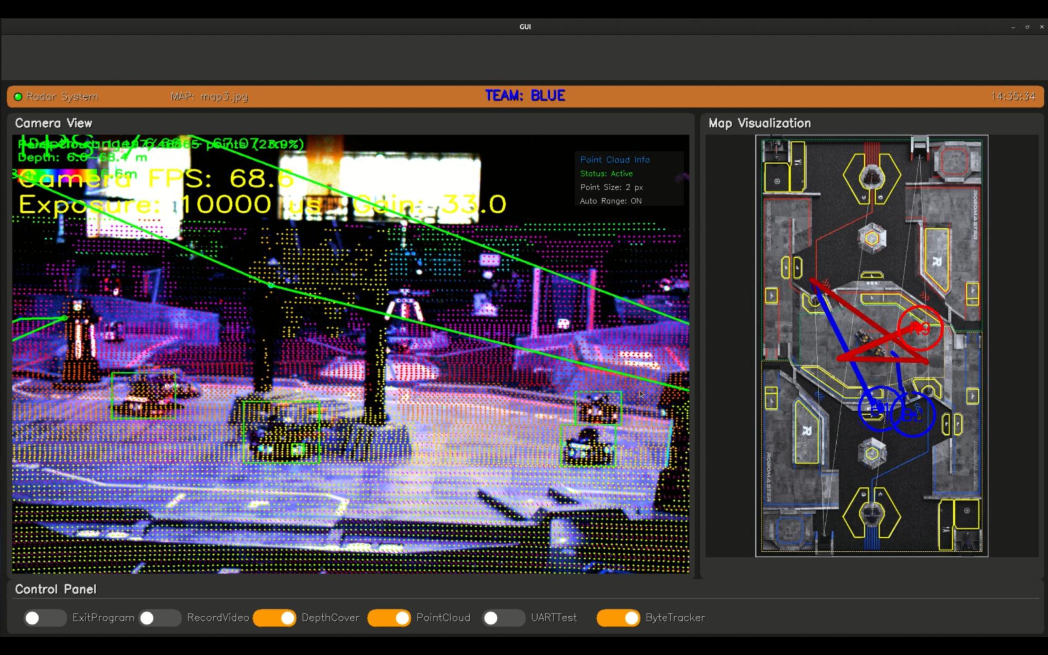 GUI with camera view, LiDAR depth overlay, and map visualization