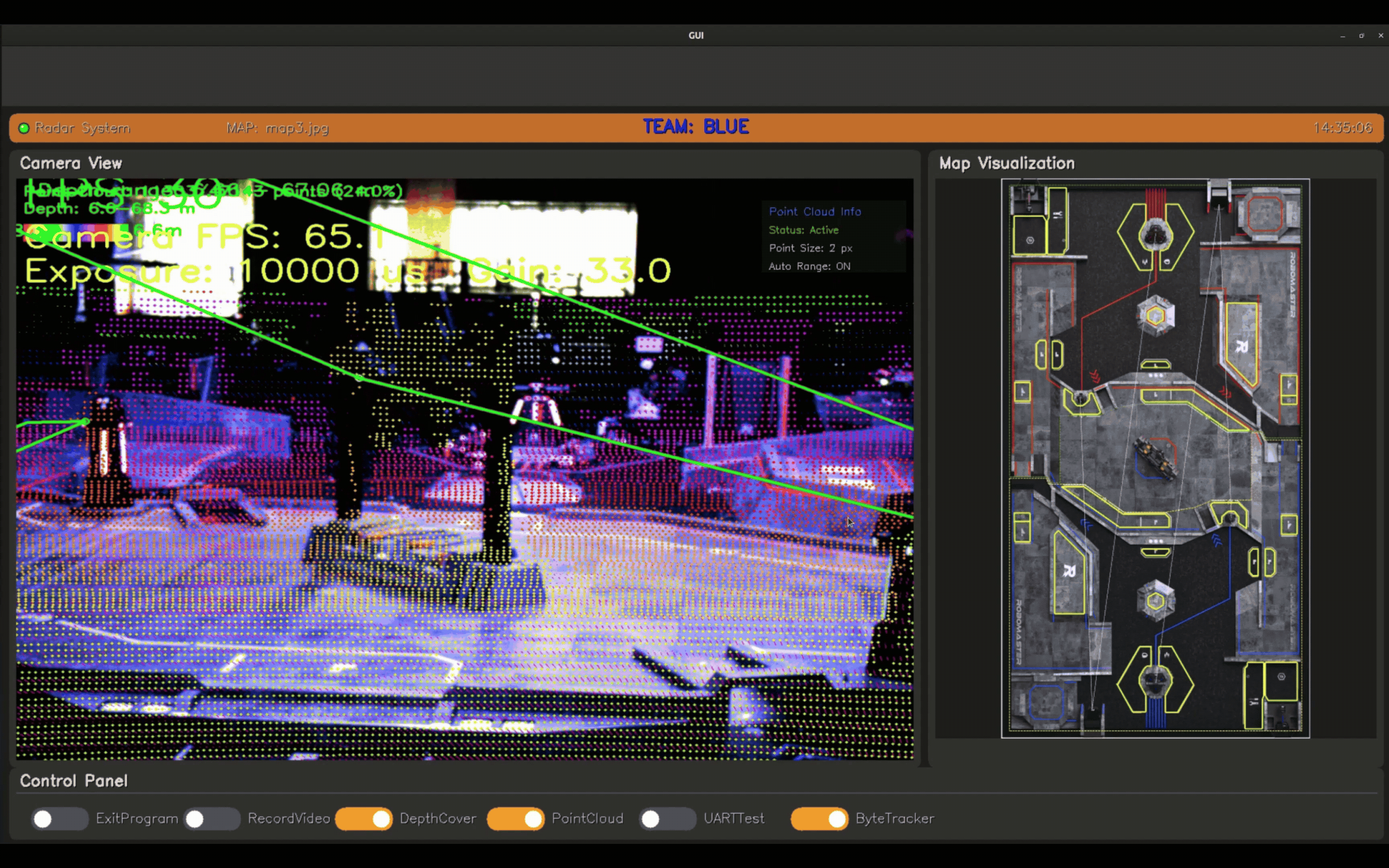 GUI demo with camera view, LiDAR depth overlay, and map visualization